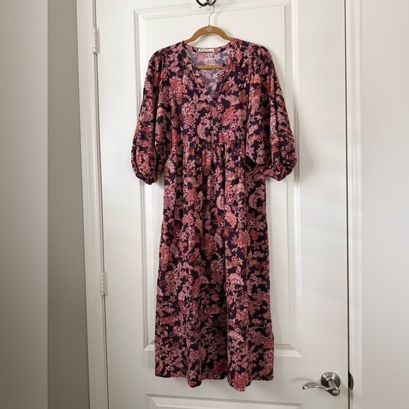 Marine Layer Lola Warm Floral Puff Sleeve Midi Dress Small - Picture 5 of 9